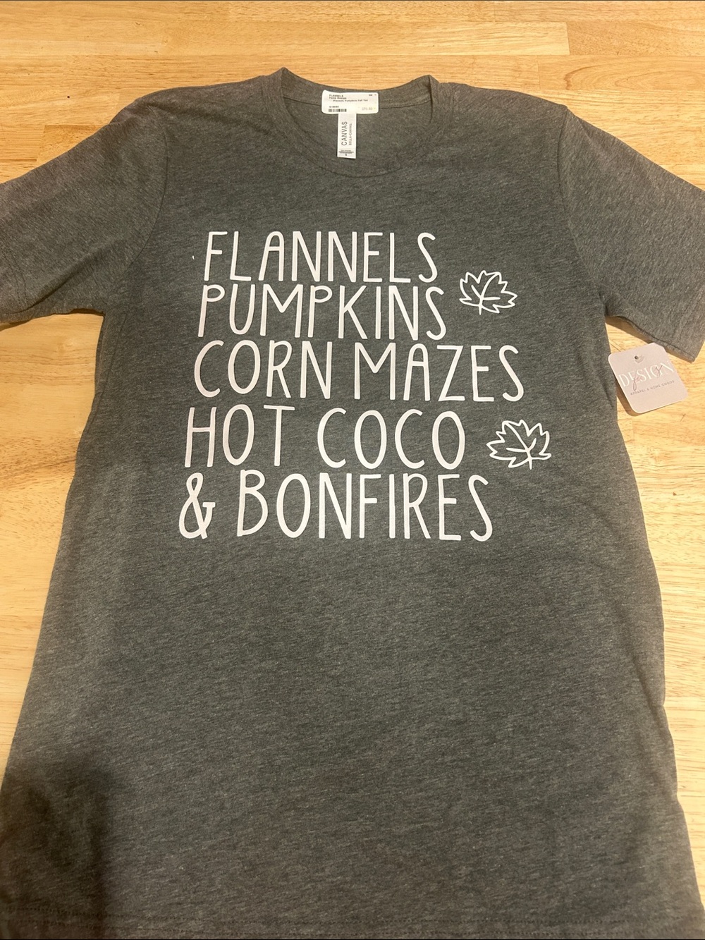 Graphic Fall Tee - 'Flannels Pumpkins Corn Mazes Hot Coco & Bonfires' - Gray
